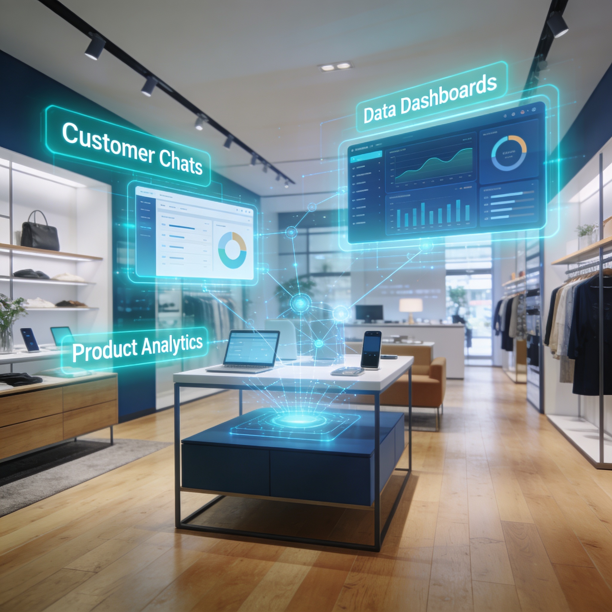 Stylized futuristic retail store with AI and digital interfaces symbolizing omnichannel transformation