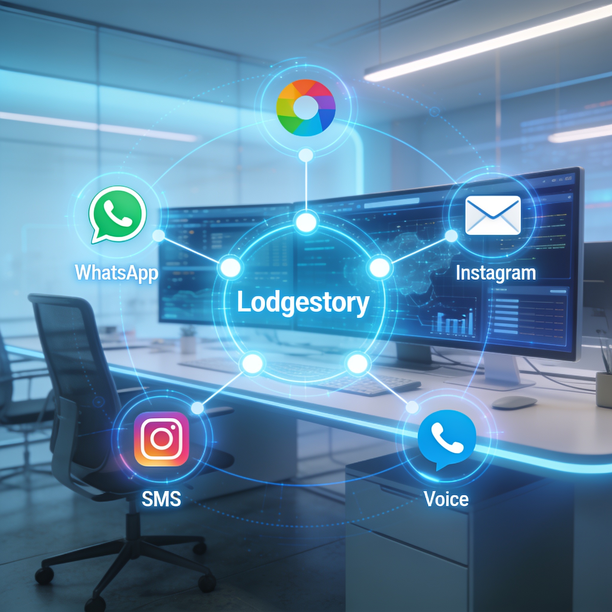 Futuristic digital workspace showing unified communication channels merging into an AI dashboard