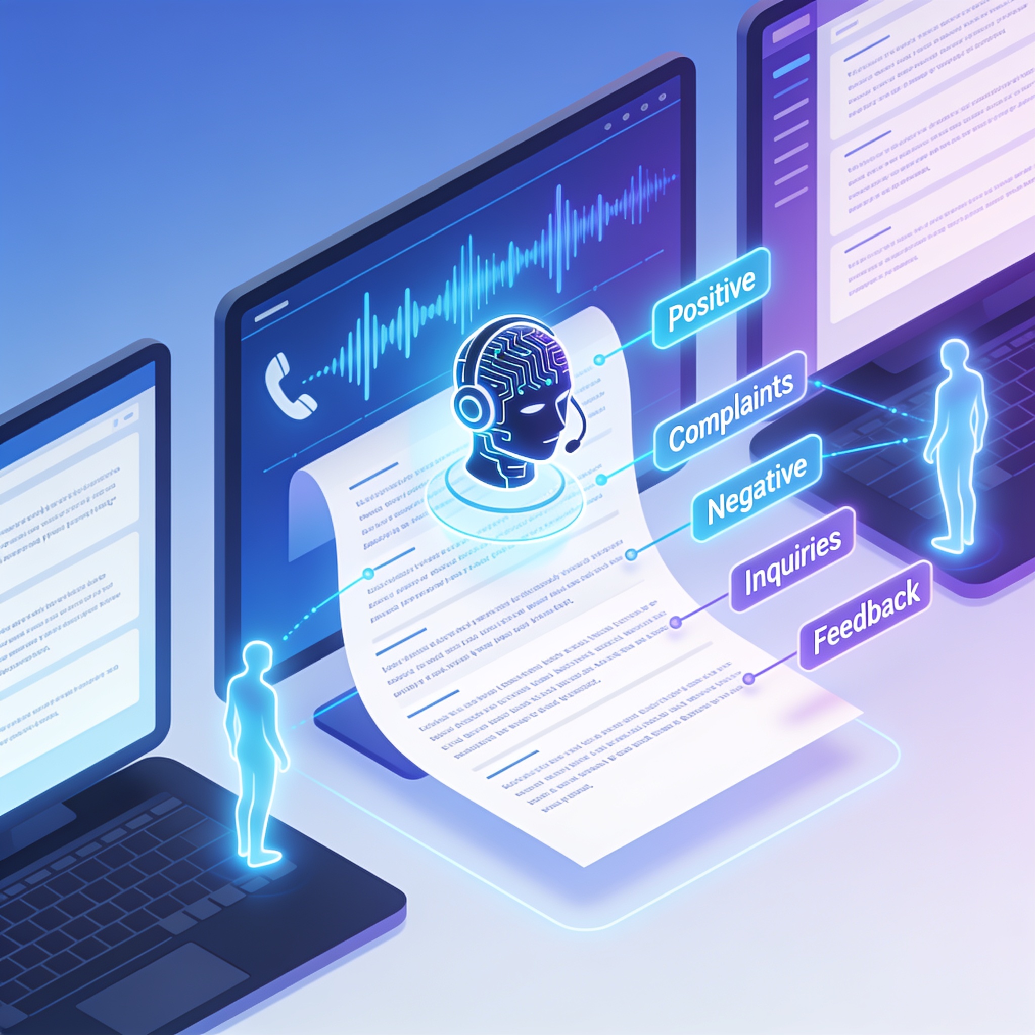Illustration showing AI converting call recordings into text transcripts and analyzing sentiment for customer feedback automation.