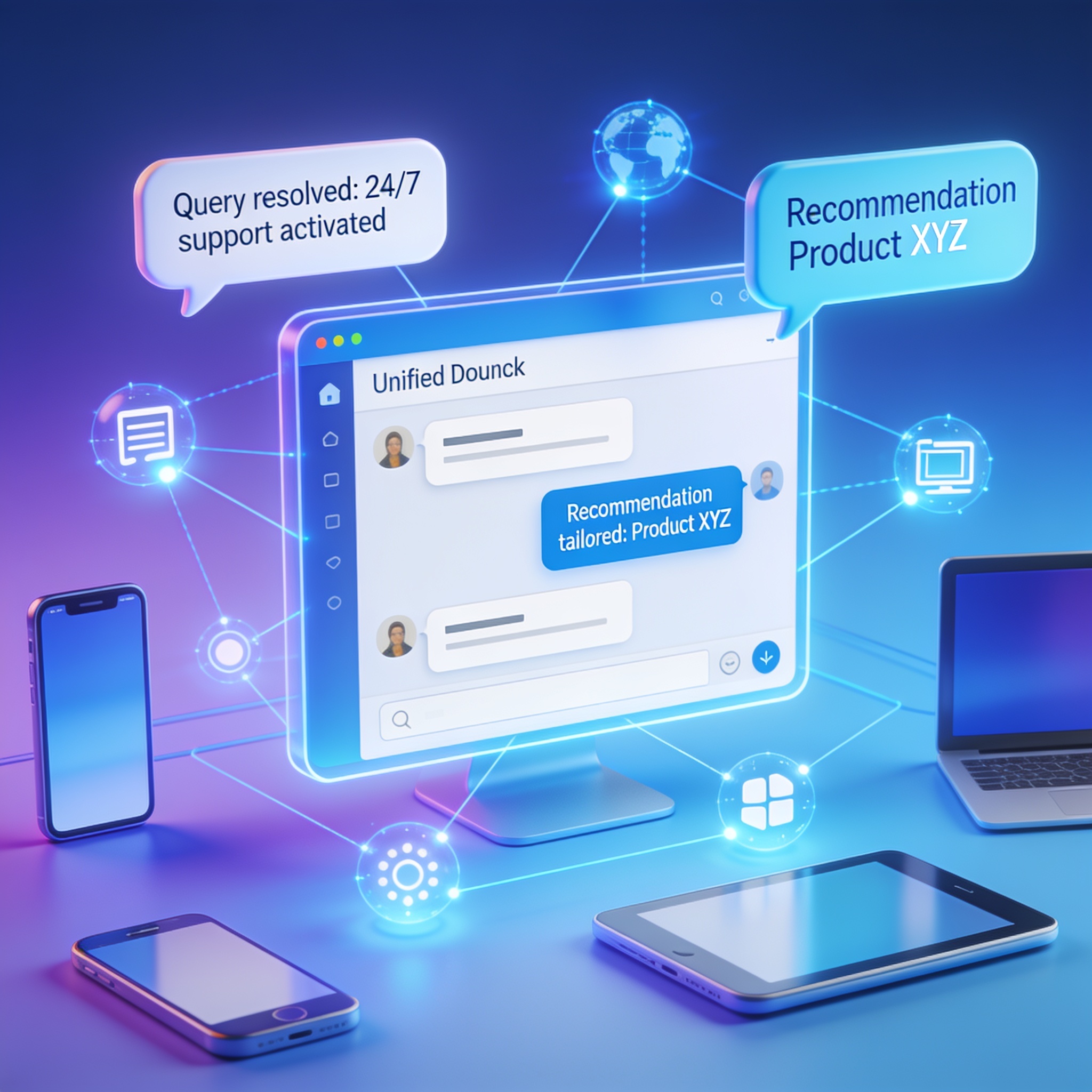 Futuristic AI-powered customer support interface visualizing smart canned responses in 2026
