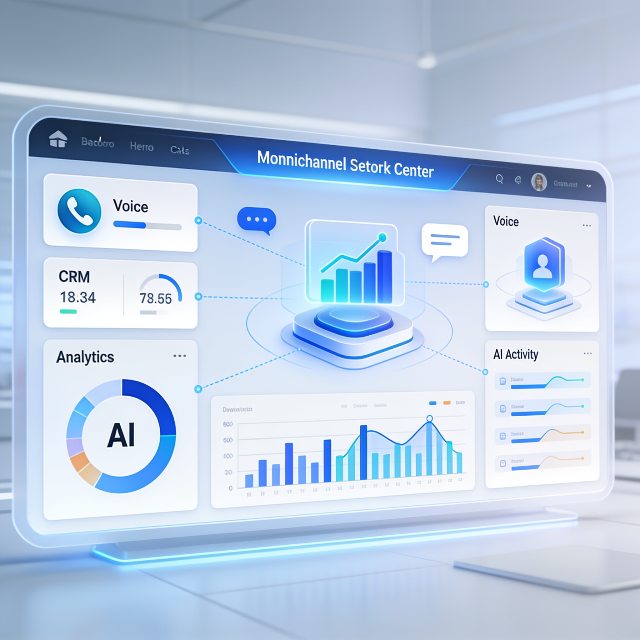 Abstract visualization of Lodgestory's omnichannel voice supervision interface combining call analytics, AI, and CRM elements.