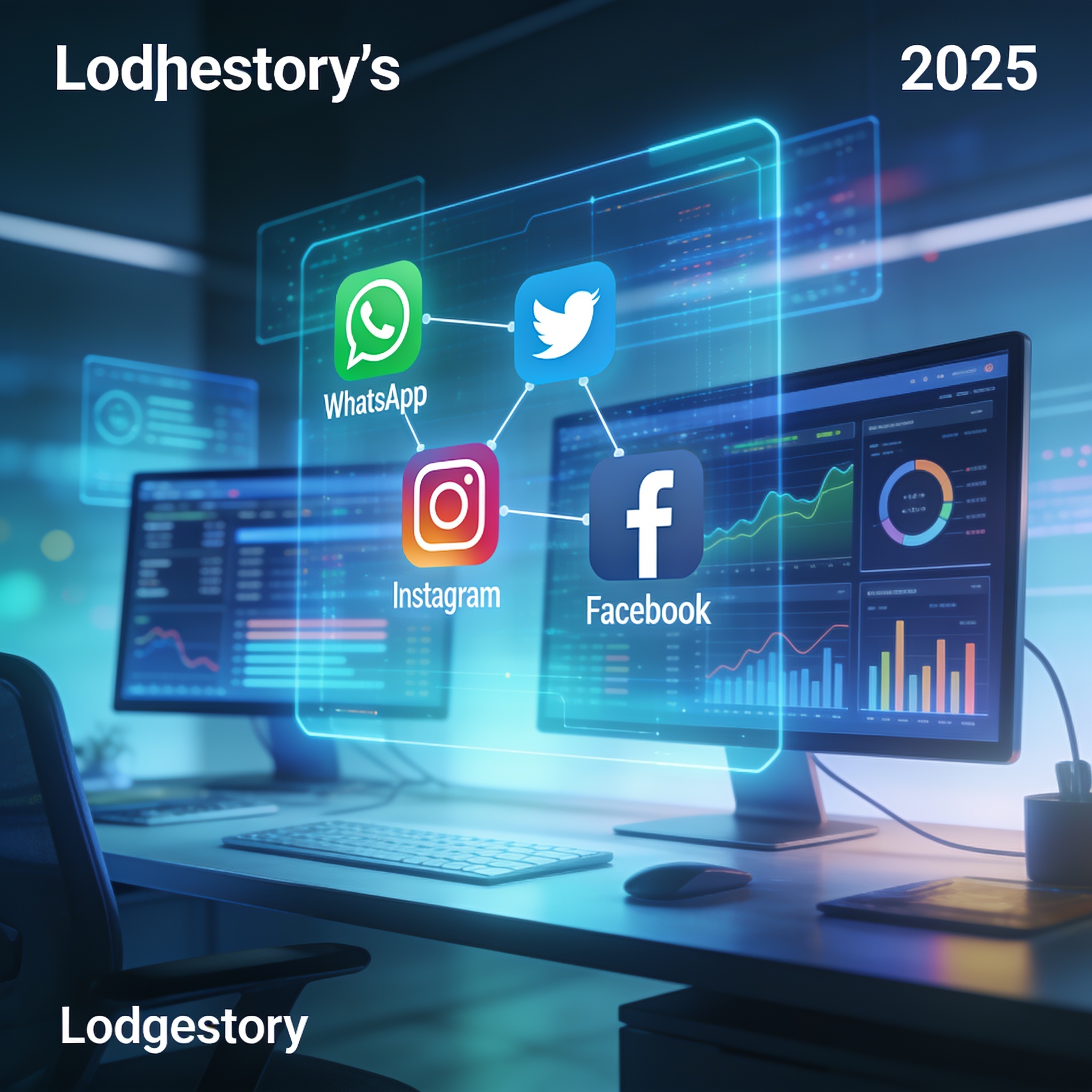 Futuristic digital landscape showing social media, analytics, and business integration in 2025.