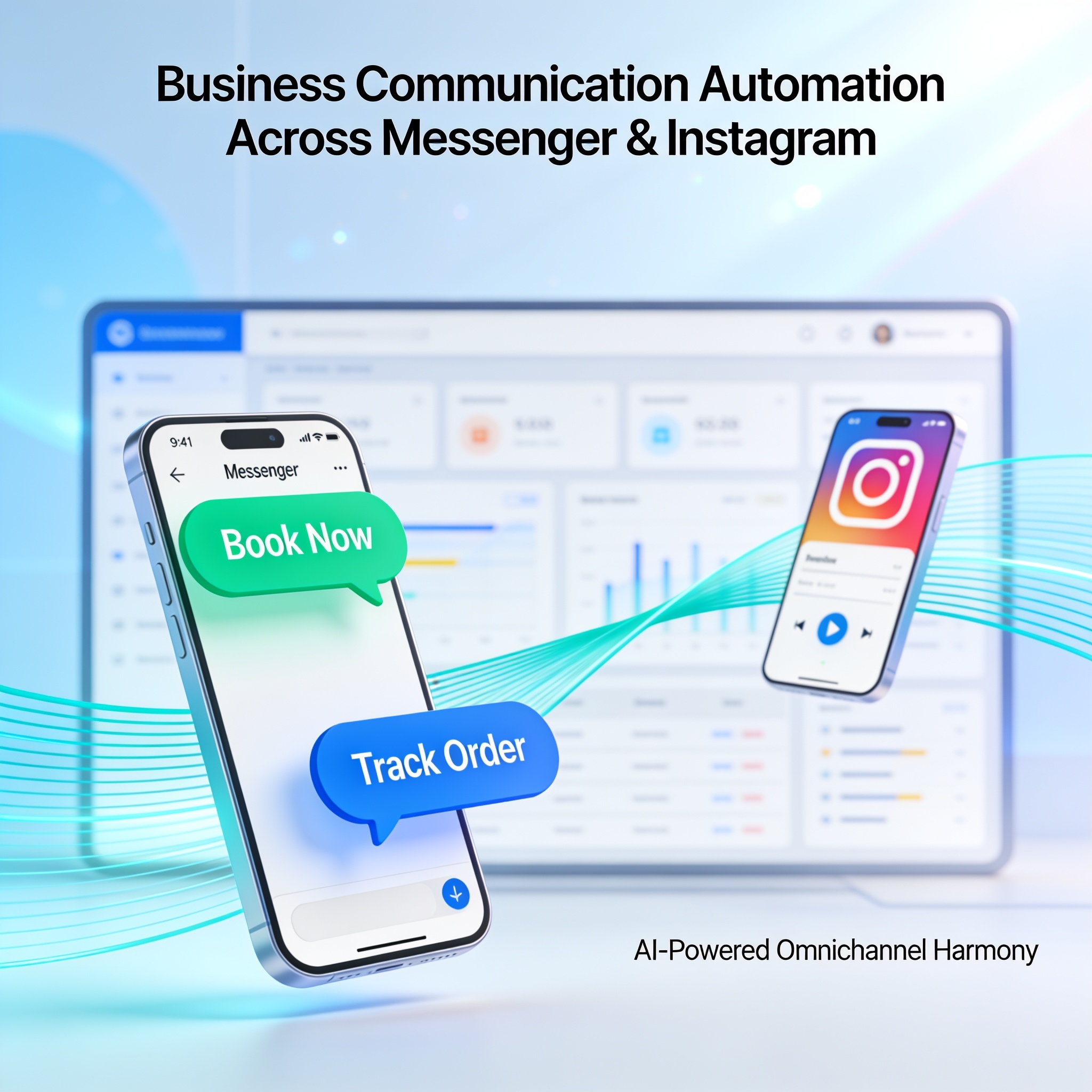 Modern illustration of messaging apps integrating with Lodgestory’s unified dashboard showing quick reply buttons.