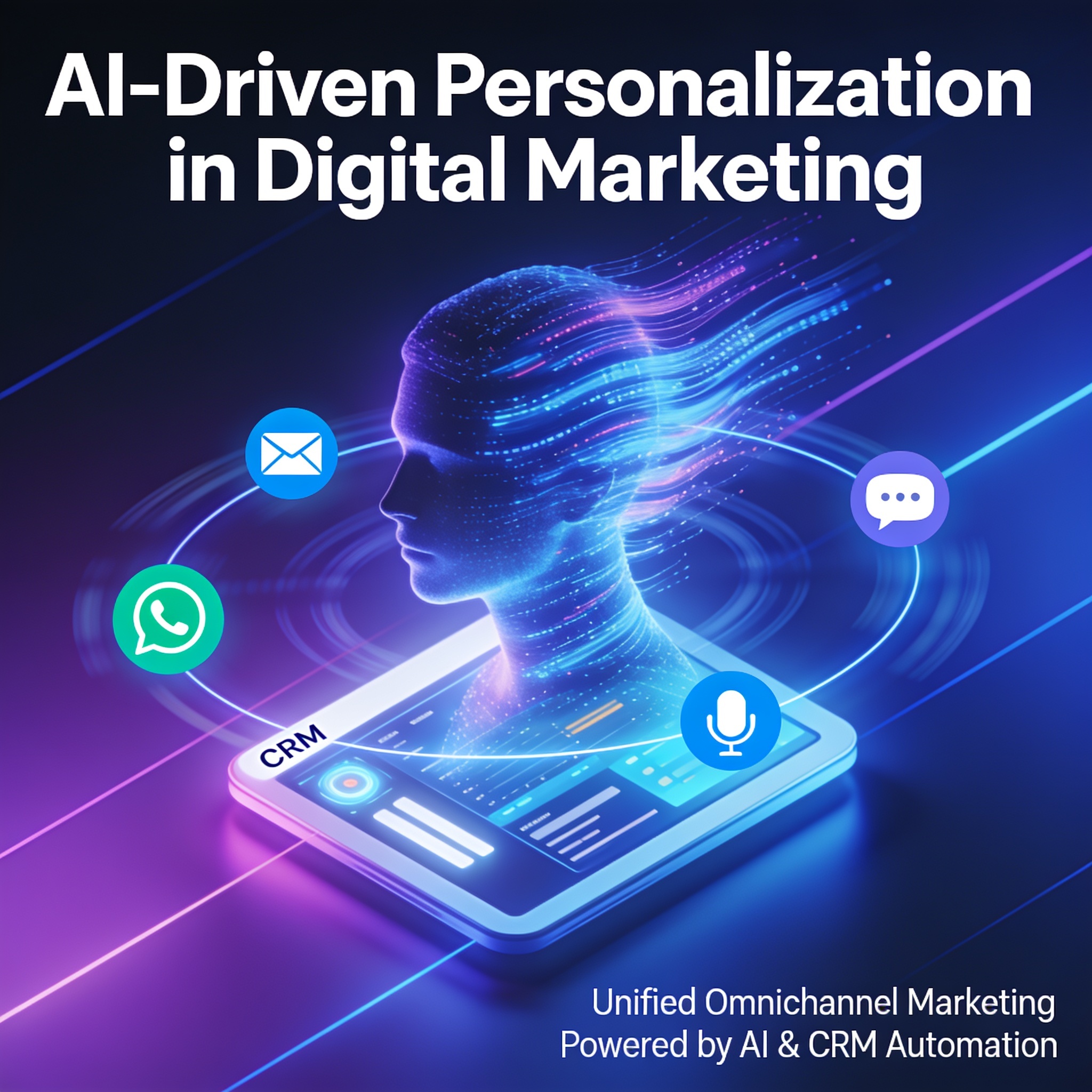 Futuristic digital illustration representing AI-driven personalization at scale across multiple customer communication channels.