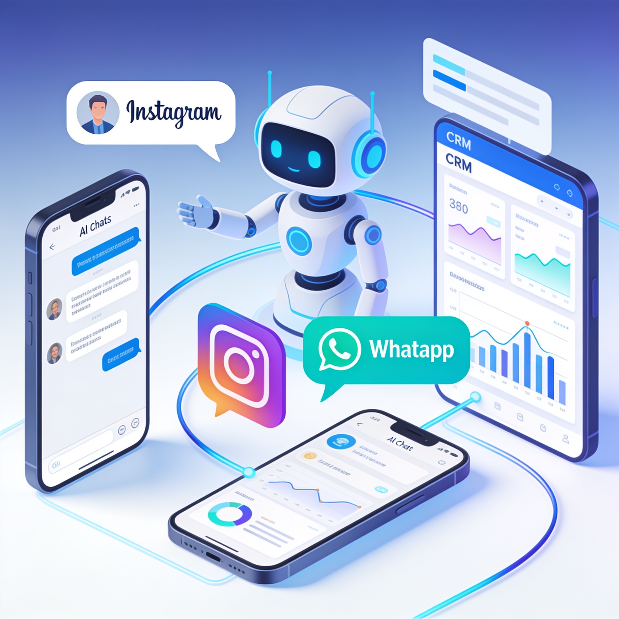 Modern header illustration showing AI chatbots automating lead qualification on Instagram and WhatsApp.