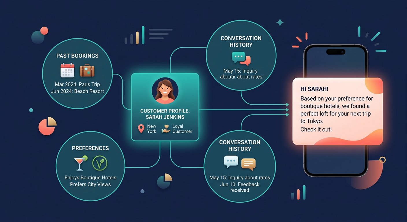 Illustration of CRM data points feeding a personalized message on a customer's smartphone