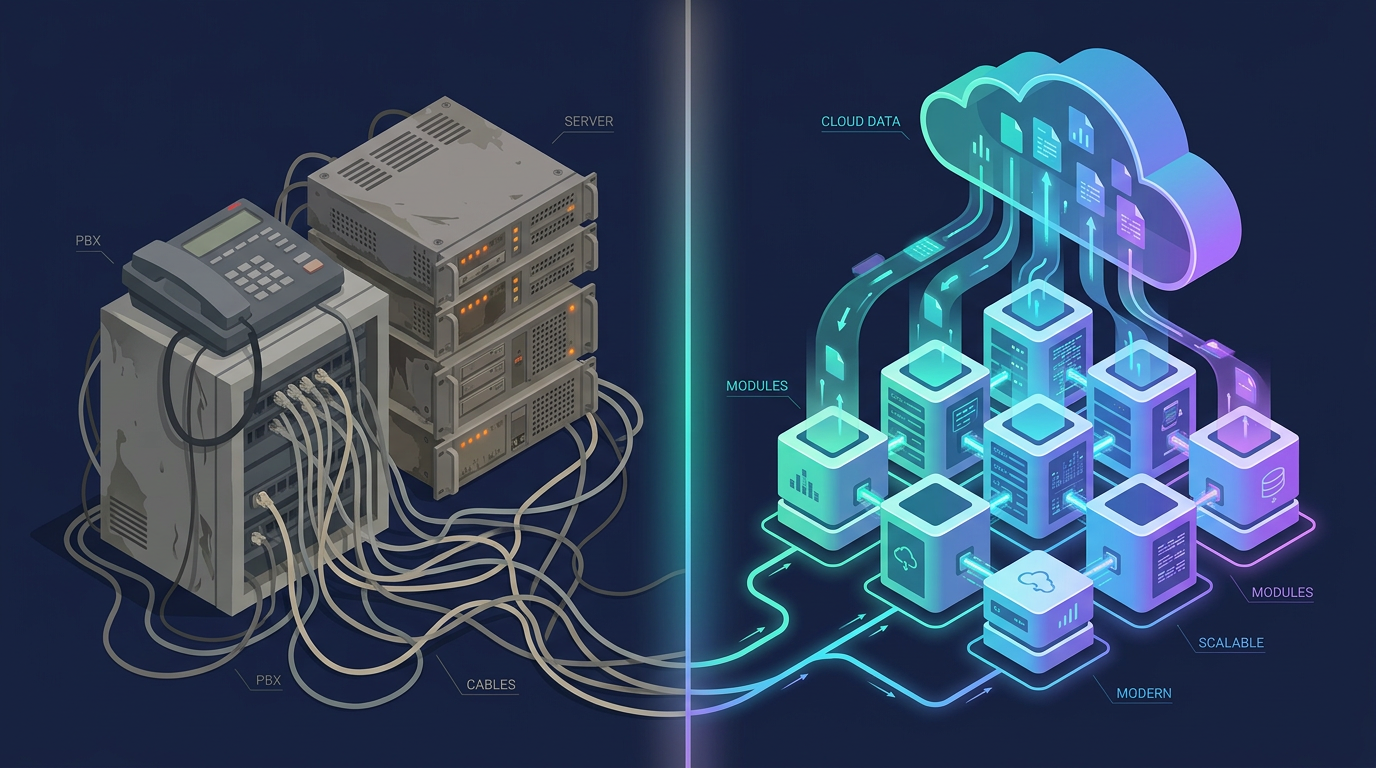 Comparison of cluttered legacy on-premise phone hardware and a sleek cloud contact center platform
