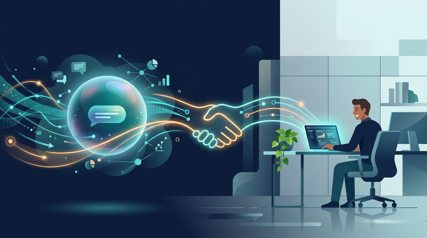 Conceptual illustration of an AI chatbot and a human customer success manager connected by a bridge of light, symbolizing collaboration