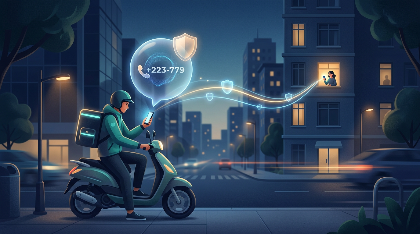 Delivery rider calling a customer through a glowing protected proxy connection in an evening city street
