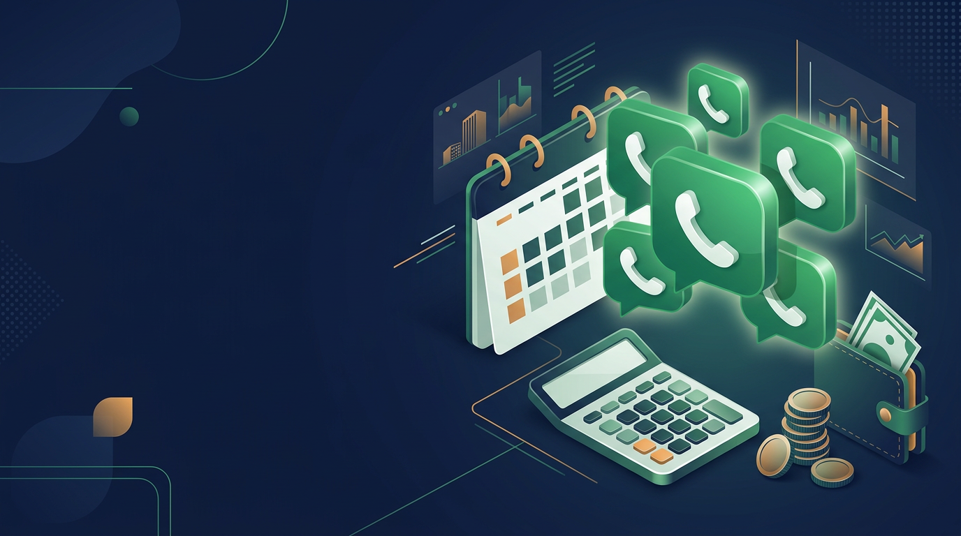 Green chat bubbles floating above a calculator and coins, representing new WhatsApp messaging charges