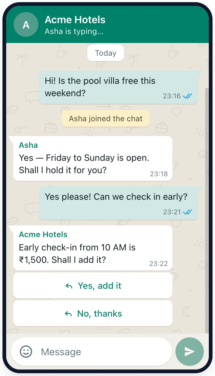 The customer's browser chat page on a phone, with ticks and reply buttons