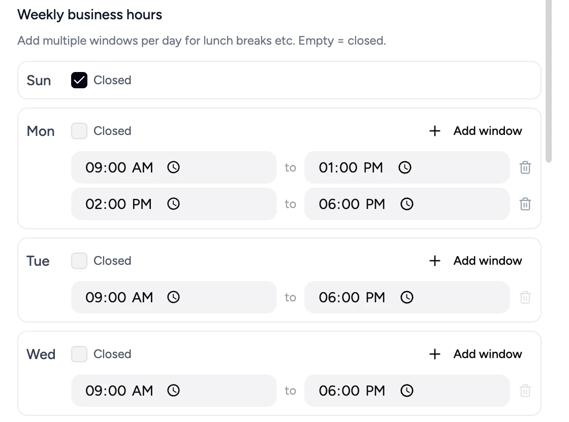Weekly business hours with Monday split into 09:00 to 13:00 and 14:00 to 18:00 for a lunch break