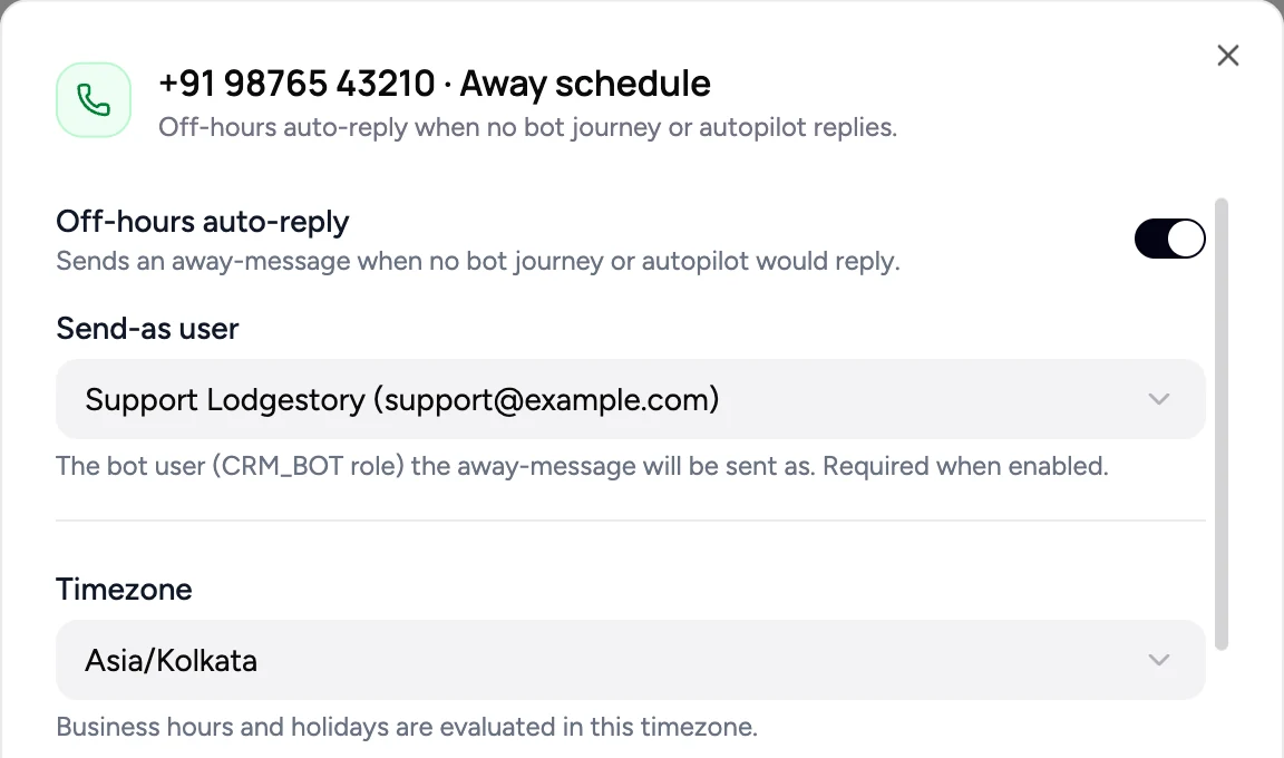 Away schedule modal with the off-hours auto-reply switch turned on and a CRM_BOT send-as user selected