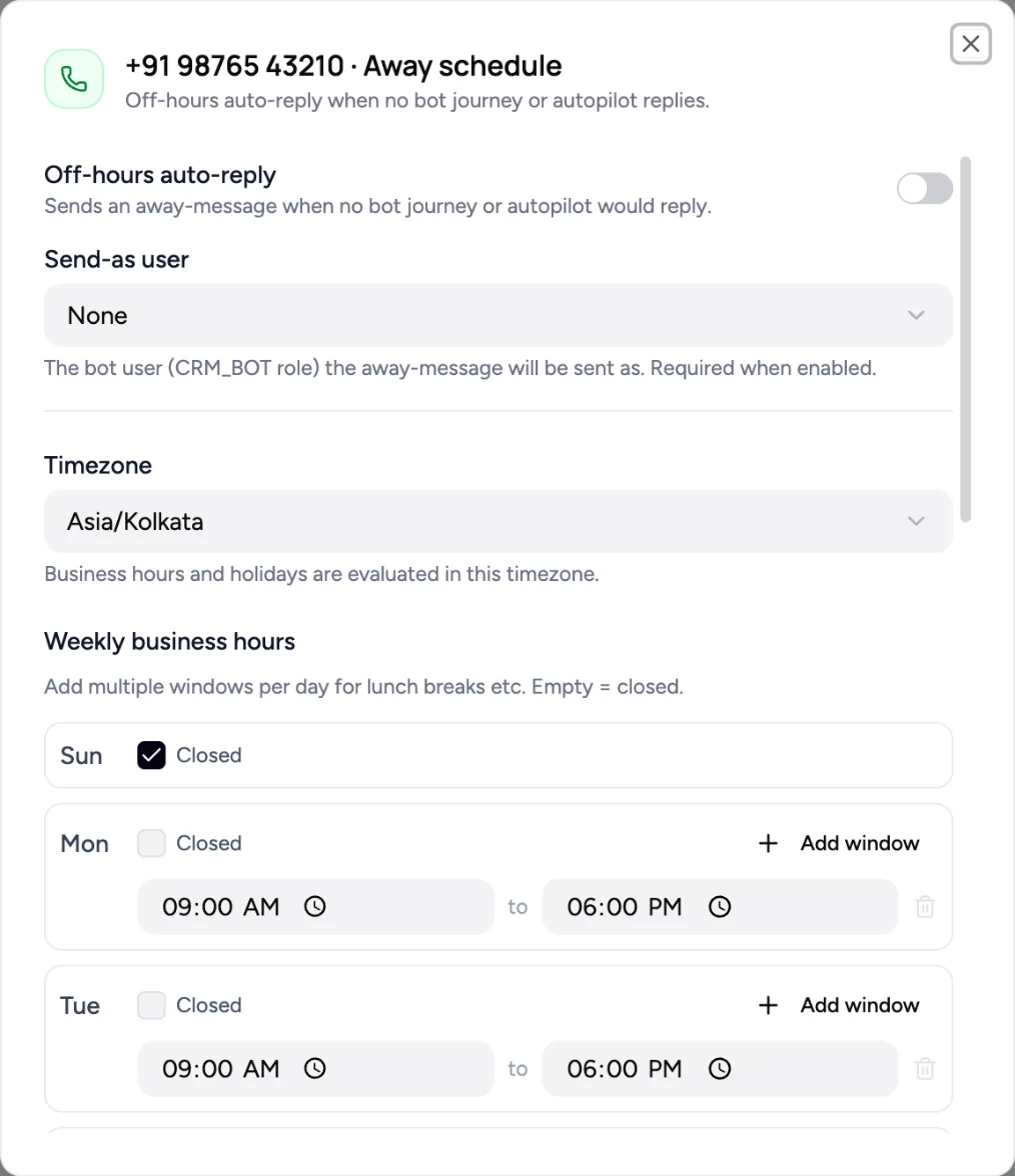 Away schedule modal for a WhatsApp number: off-hours auto-reply switch, send-as user, timezone and the start of the weekly business hours