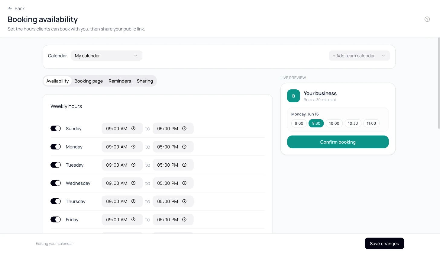 Booking availability editor: calendar picker, Availability / Booking page / Reminders / Sharing tabs, weekly hours and the live preview