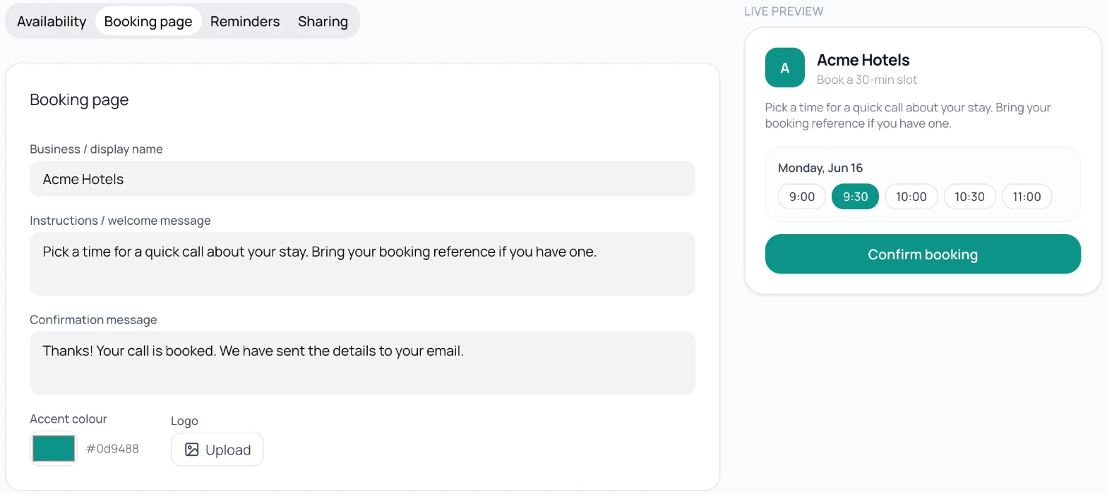 Booking page tab with business name Acme Hotels, welcome and confirmation messages, accent colour and logo upload, beside the live preview