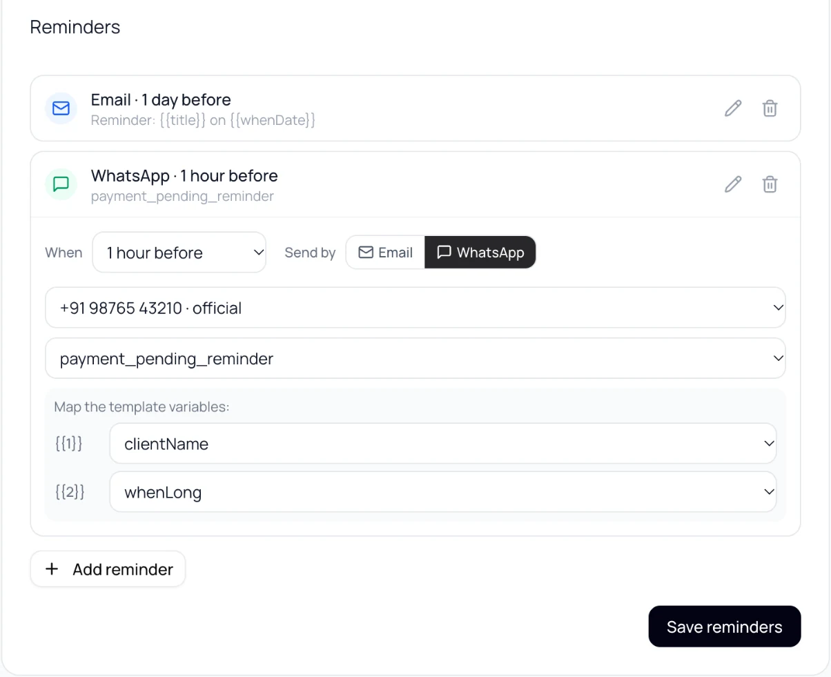 Reminders tab with an email reminder 1 day before and a WhatsApp reminder 1 hour before using an approved template with variables mapped