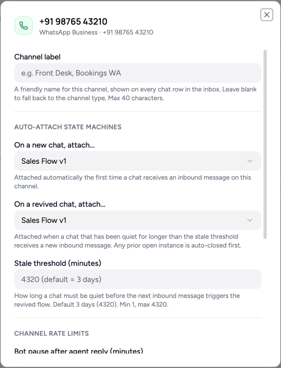 Channel runtime config dialog as it opens, with the new-chat and revived-chat workflow pickers and the stale threshold