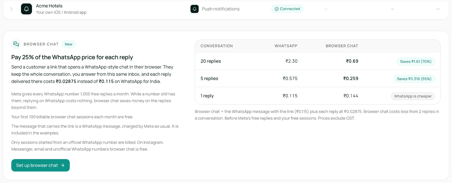 Browser chat savings card under the channel list with per-reply prices and worked examples