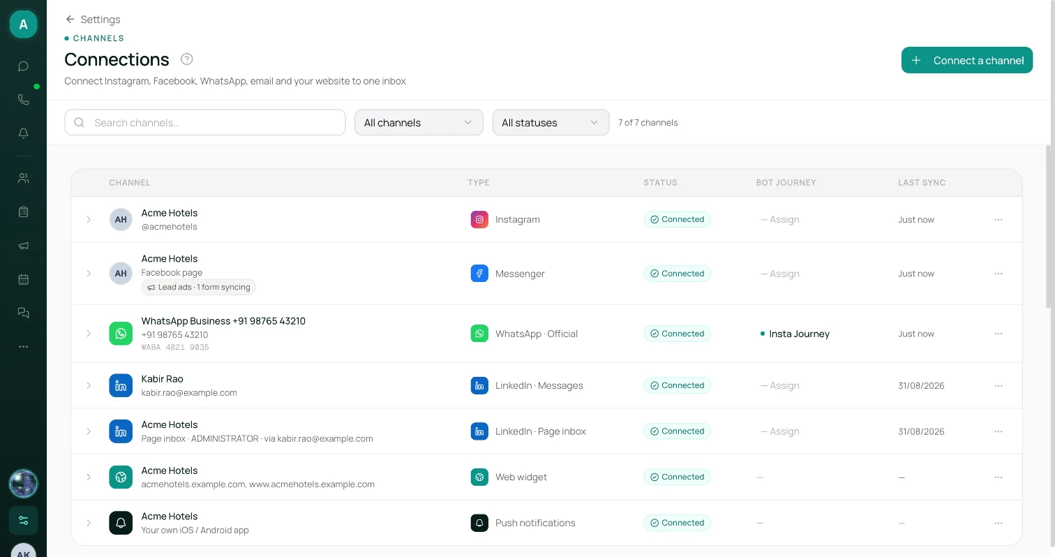 Connections page with the rail, filters and channel list