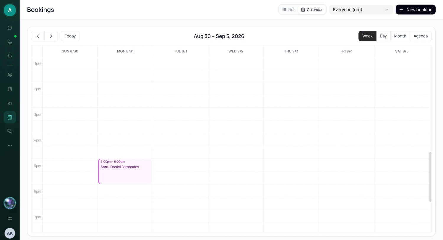 Bookings Calendar view on Week with Week, Day, Month and Agenda switches and one booking shown as a coloured block