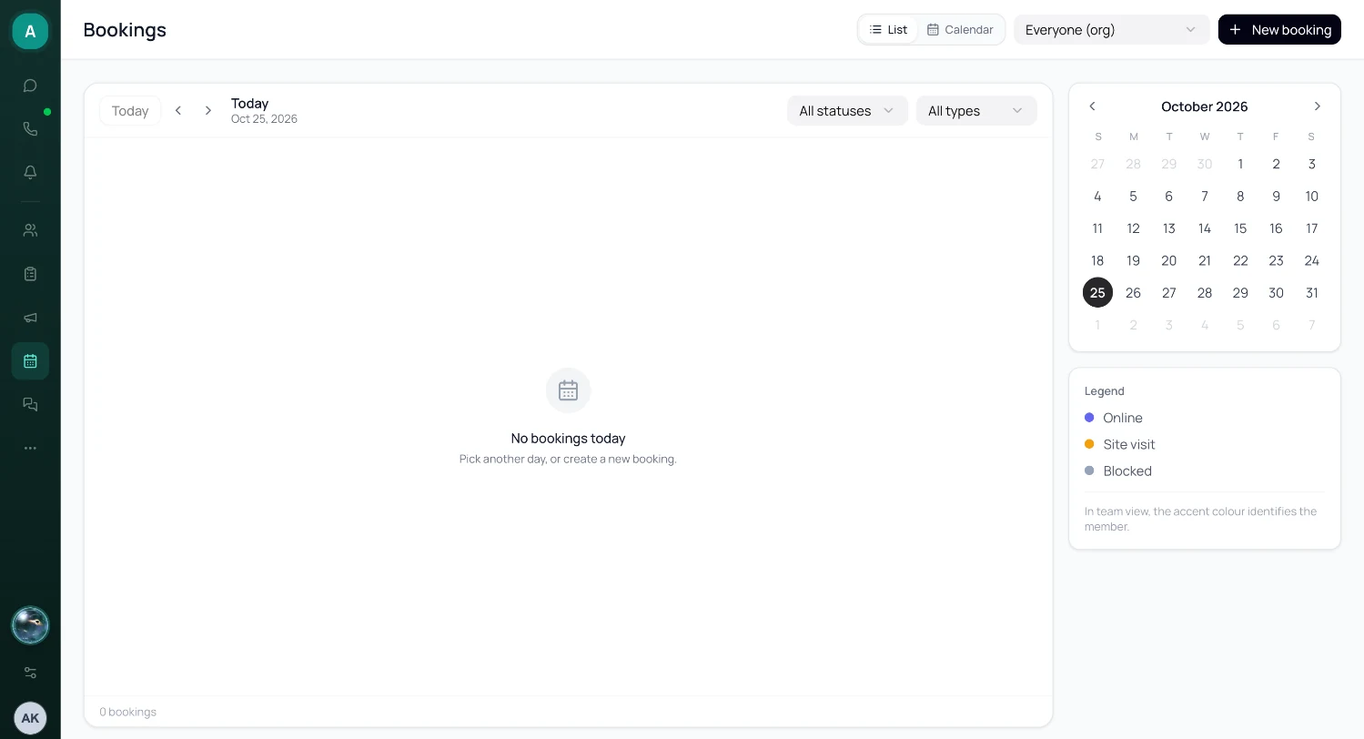Bookings page on List view with today selected, status and type filters, the mini-calendar and the colour legend on the right