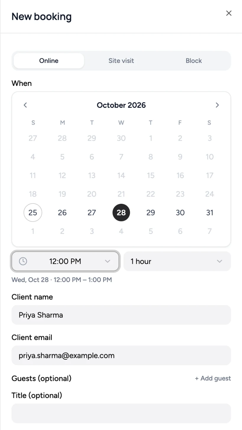 New booking drawer with Online, Site visit and Block type pills, the date picker, start time and duration, and client name and email filled in