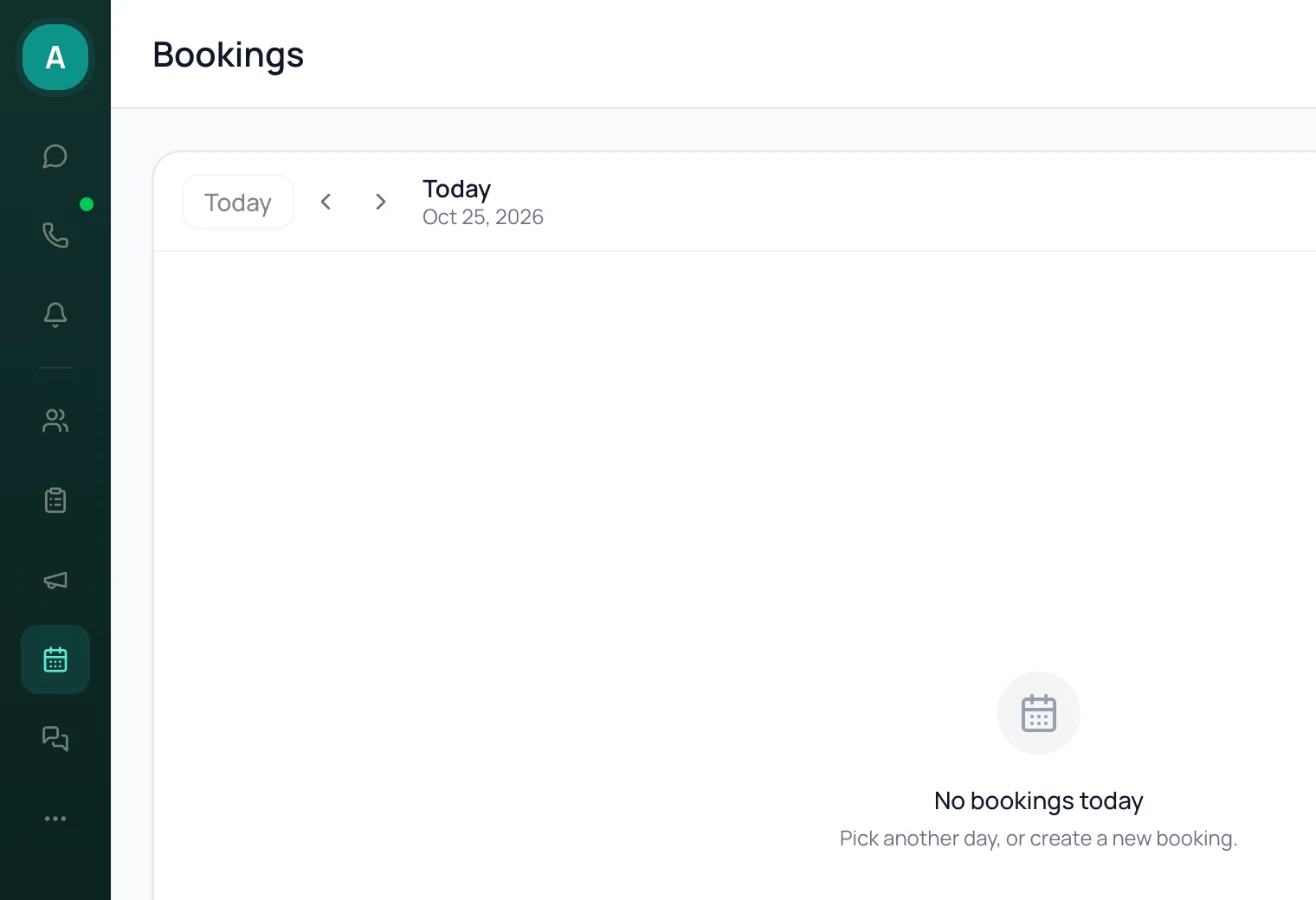 Left rail with the Bookings calendar icon highlighted and the Bookings page open on today