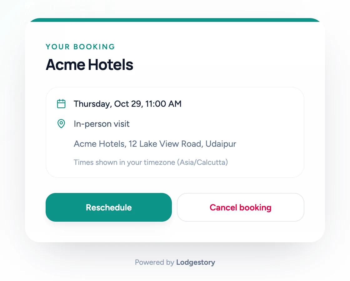 Customer's manage-booking page: the booking's date and time, in-person visit and address, timezone note, and Reschedule and Cancel booking