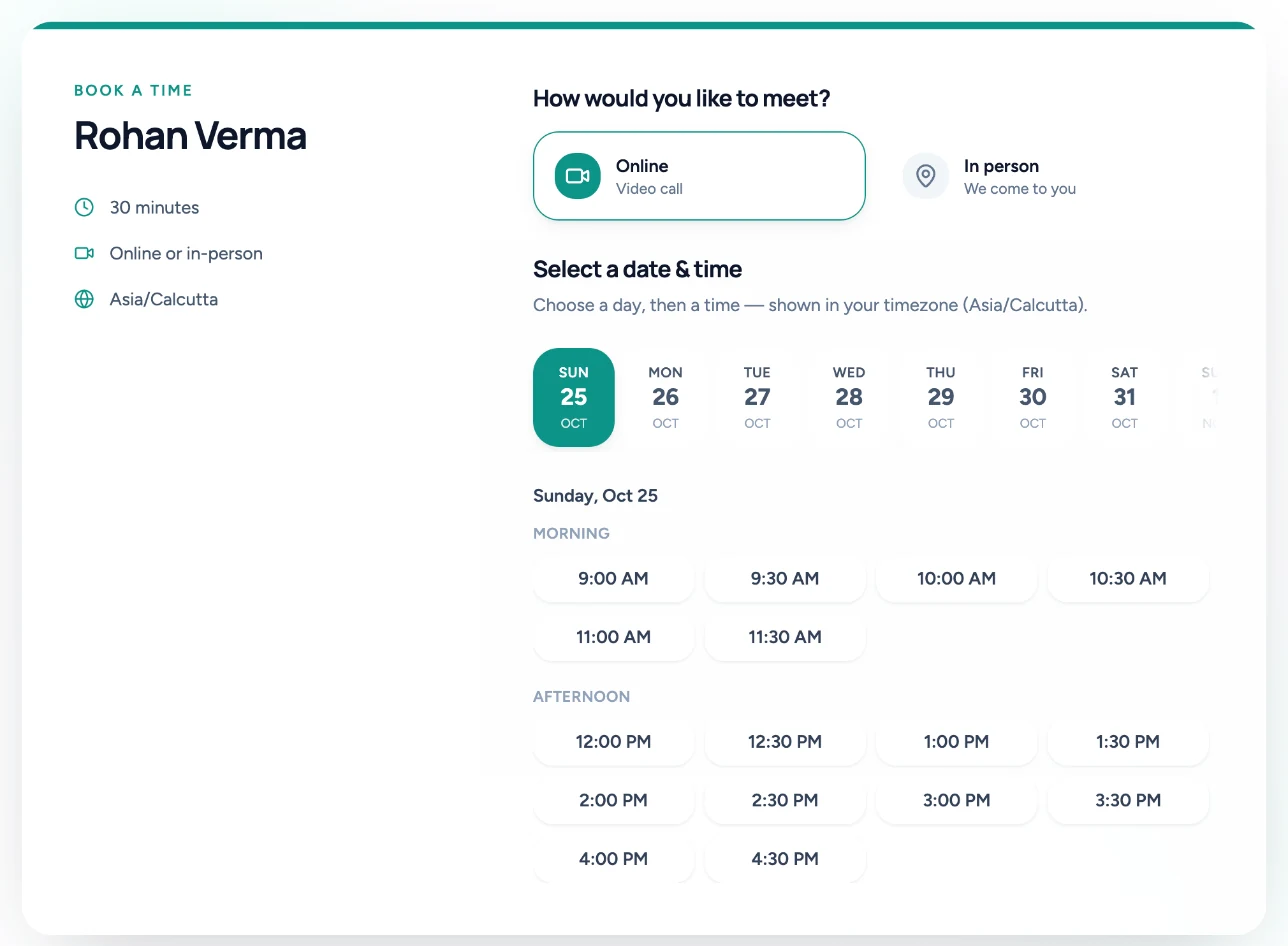 Customer-facing booking page with the host name, meeting length, Online or In person choice, a day strip and open time slots